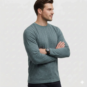 Signature Zinc Blue Full-Sleeve Cotton T-Shirt – Patterned Finish