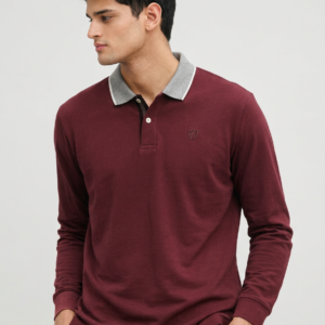 Maroon Long-Sleeve Polo Shirt with Contrast Grey Collar